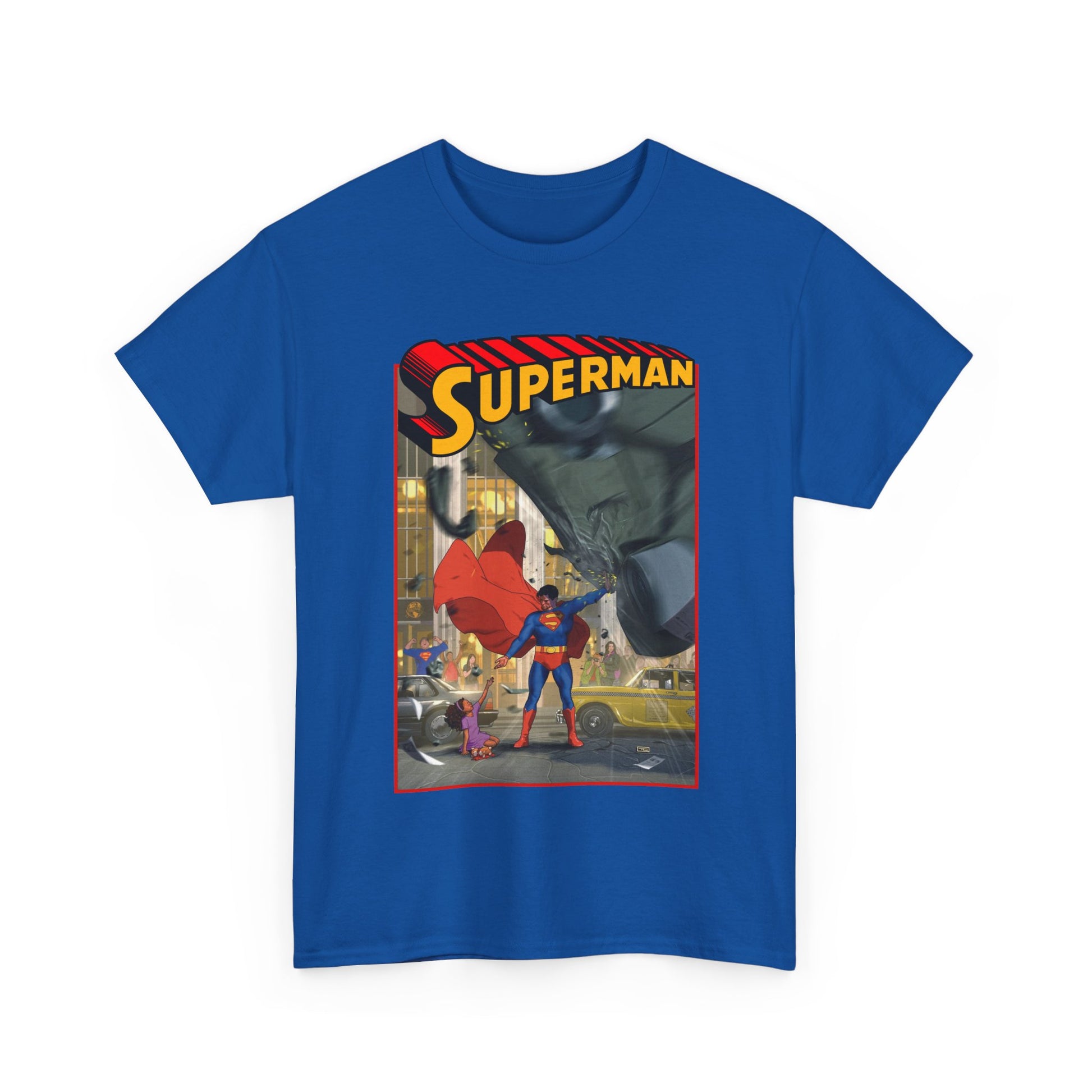 Blue t-shirt with Superman graphic on a white background