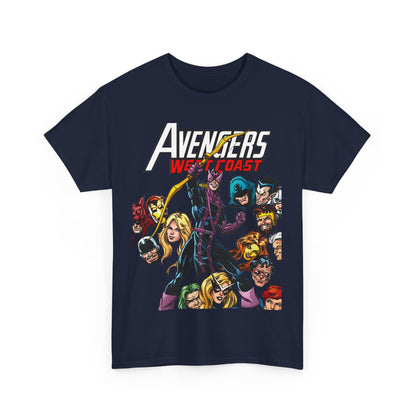 Avengers West Coast T-Shirt - Bob Hall Art - Hawkeye, Iron Man, Wonder Man, Tigra, Mockingbird - Marvel Comics Team