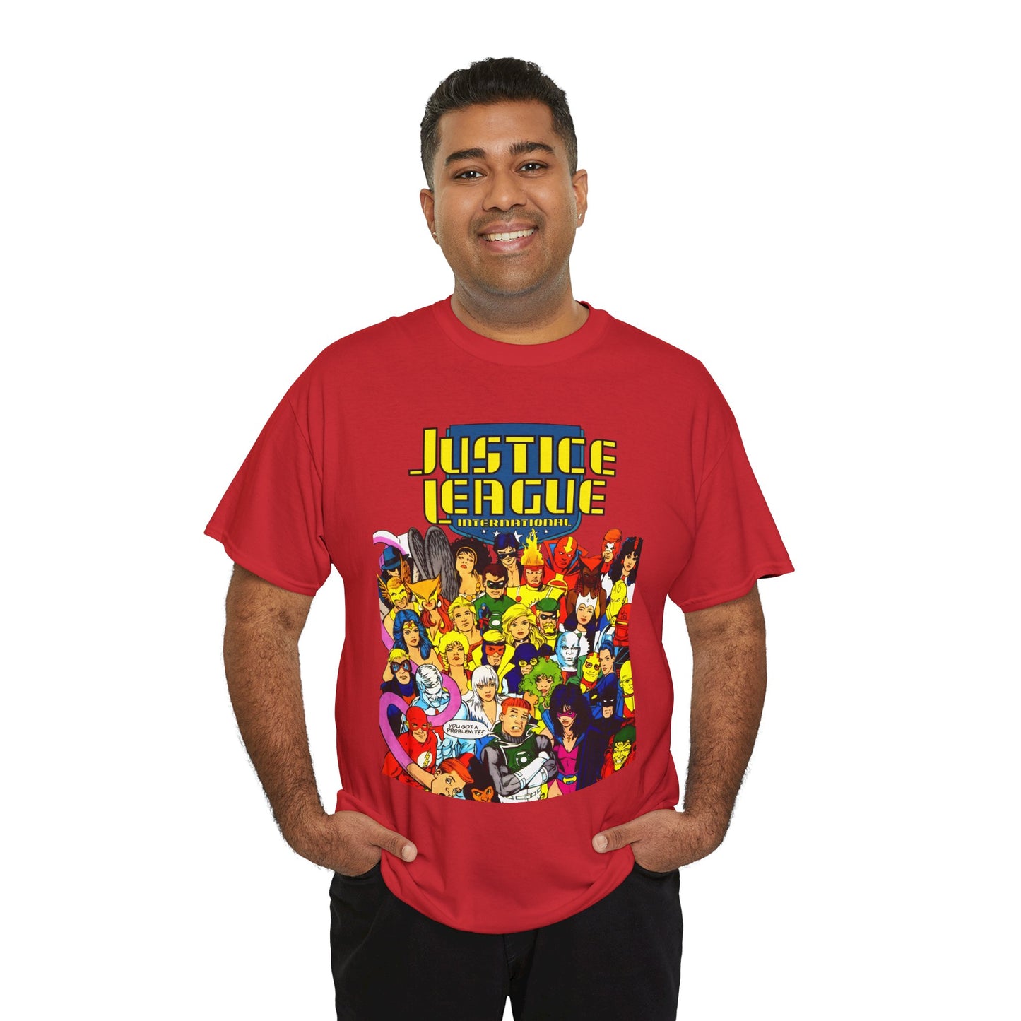 Justice League International T-Shirt - Kevin Maguire DC Comics Sourcebook Art - Booster Gold, Blue Beetle, Batman, Martian Manhunter, Captain Atom, Fire, Ice, Guy Gardner