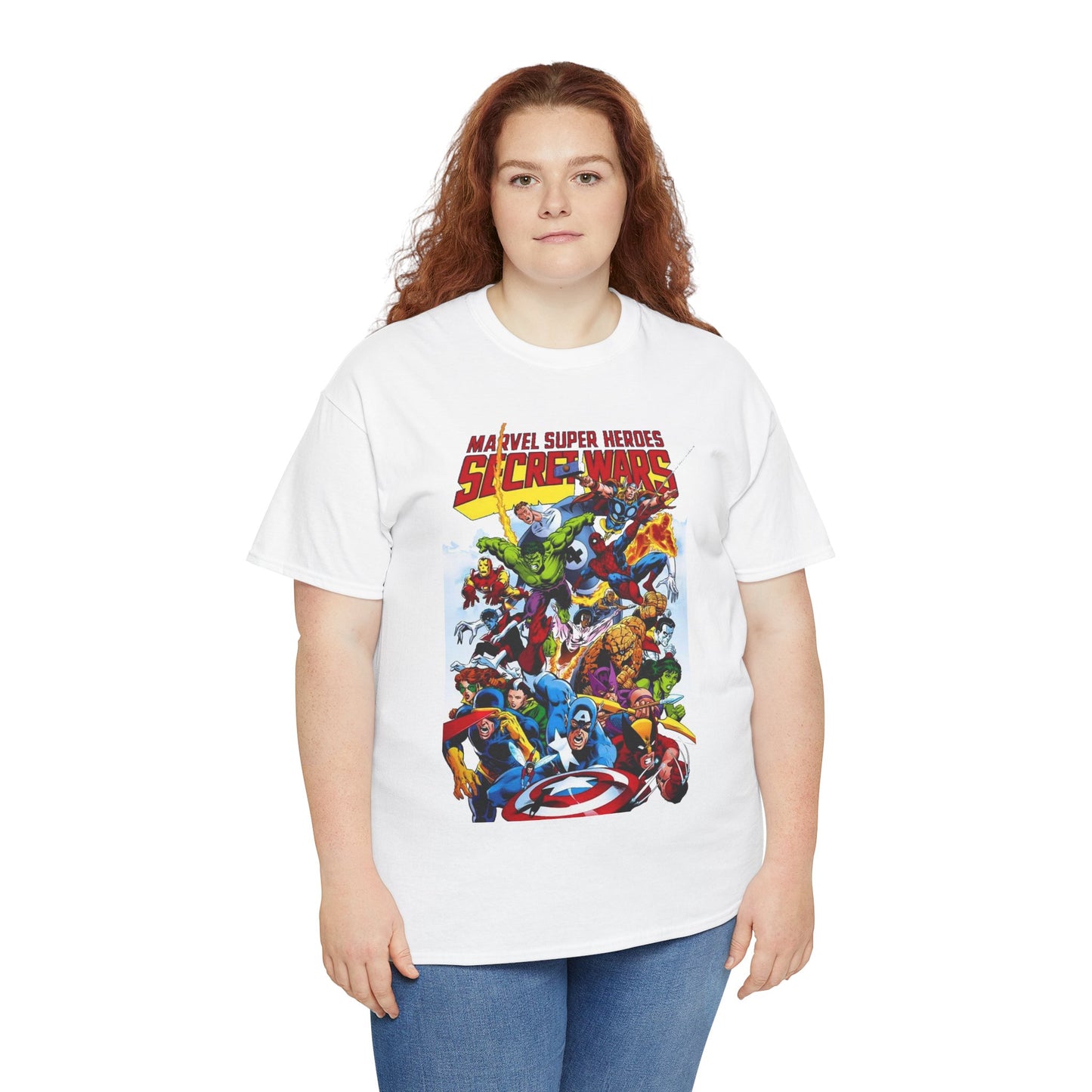 Secret Wars T-Shirt - Spider-man, Wolverine, Iron Man, Captain America, Cyclops, Rogue, Hulk, Mr Fantastic, The Thing - Classic Marvel Comics 1980s Series - The Beyonder