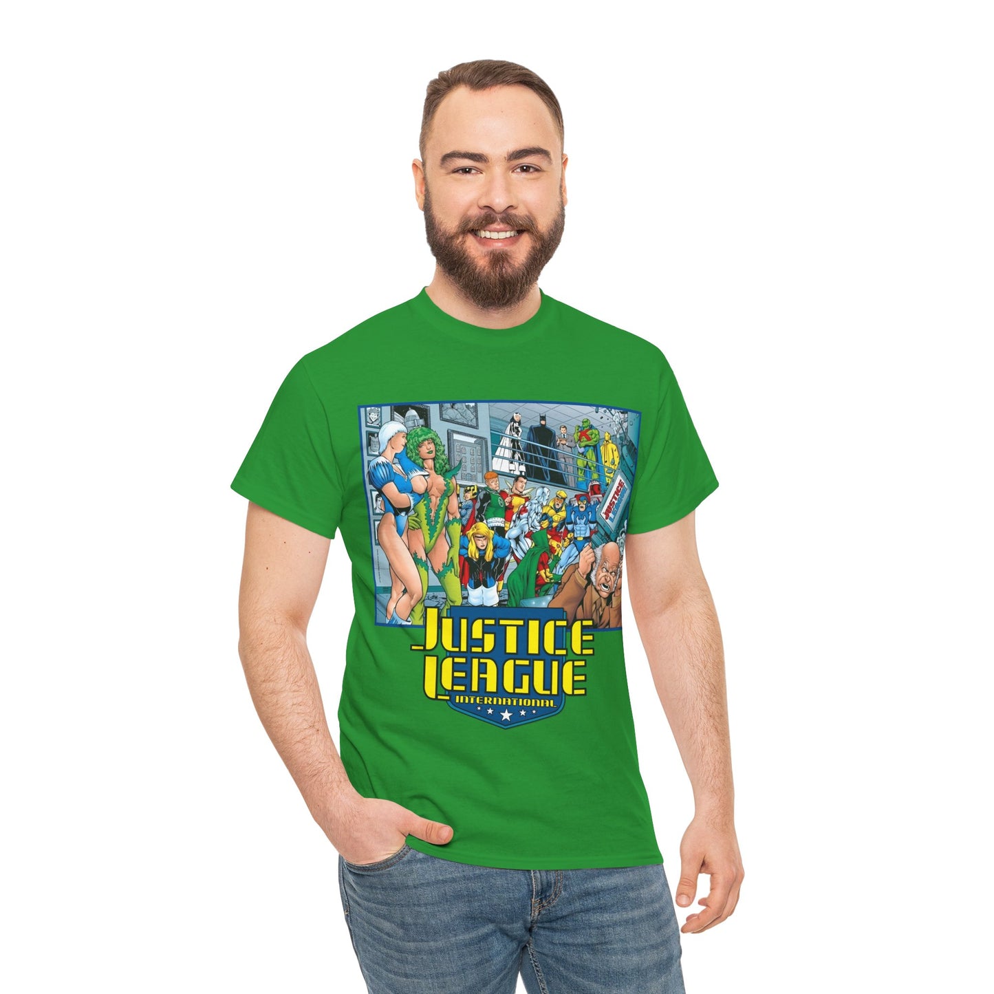 Justice League International T-Shirt - Kevin Maguire Art - Blue Beetle, Booster Gold, Martian Manhunter, Captain Atom, Batman, Fire, Ice - DC Comics - JLI