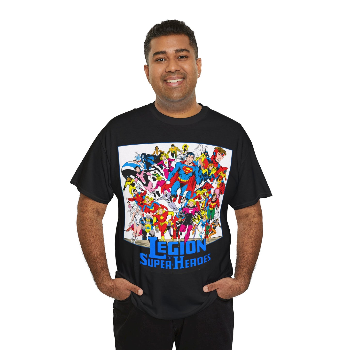 Legion of Super-Heroes T-Shirt - Greg Laroque Art - Who's Who in DC Comics - Superboy, Cosmic Boy, Dream Girl, Dawnstar, Supergirl, Sun Boy, Wildfire, Element Lad, Invisible Kid, Saturn Girl, Lightning Lad - DC Comics
