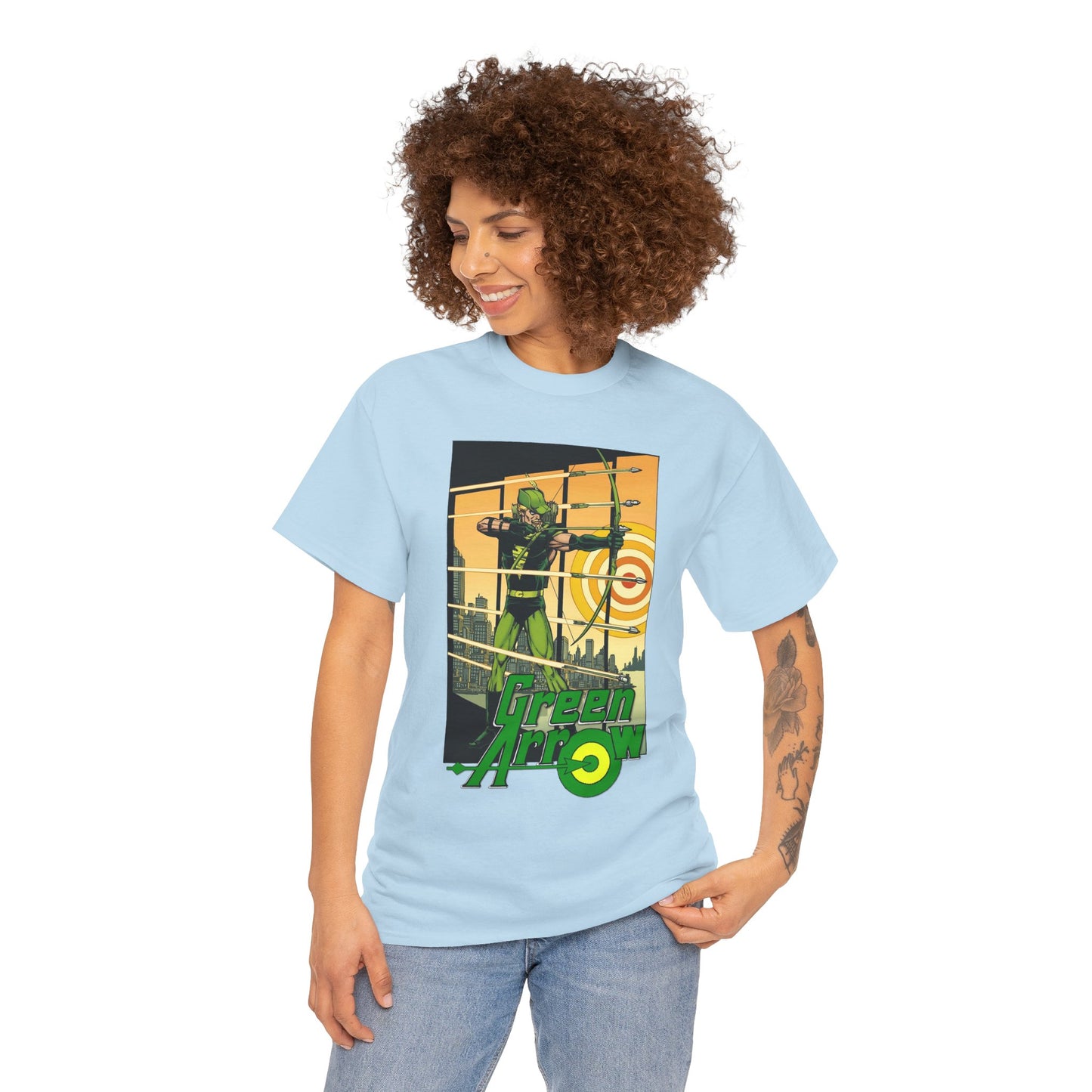 Green Arrow T-Shirt - George Perez Art - 1980s Justice League Postcard Art - JLA - DC Comics