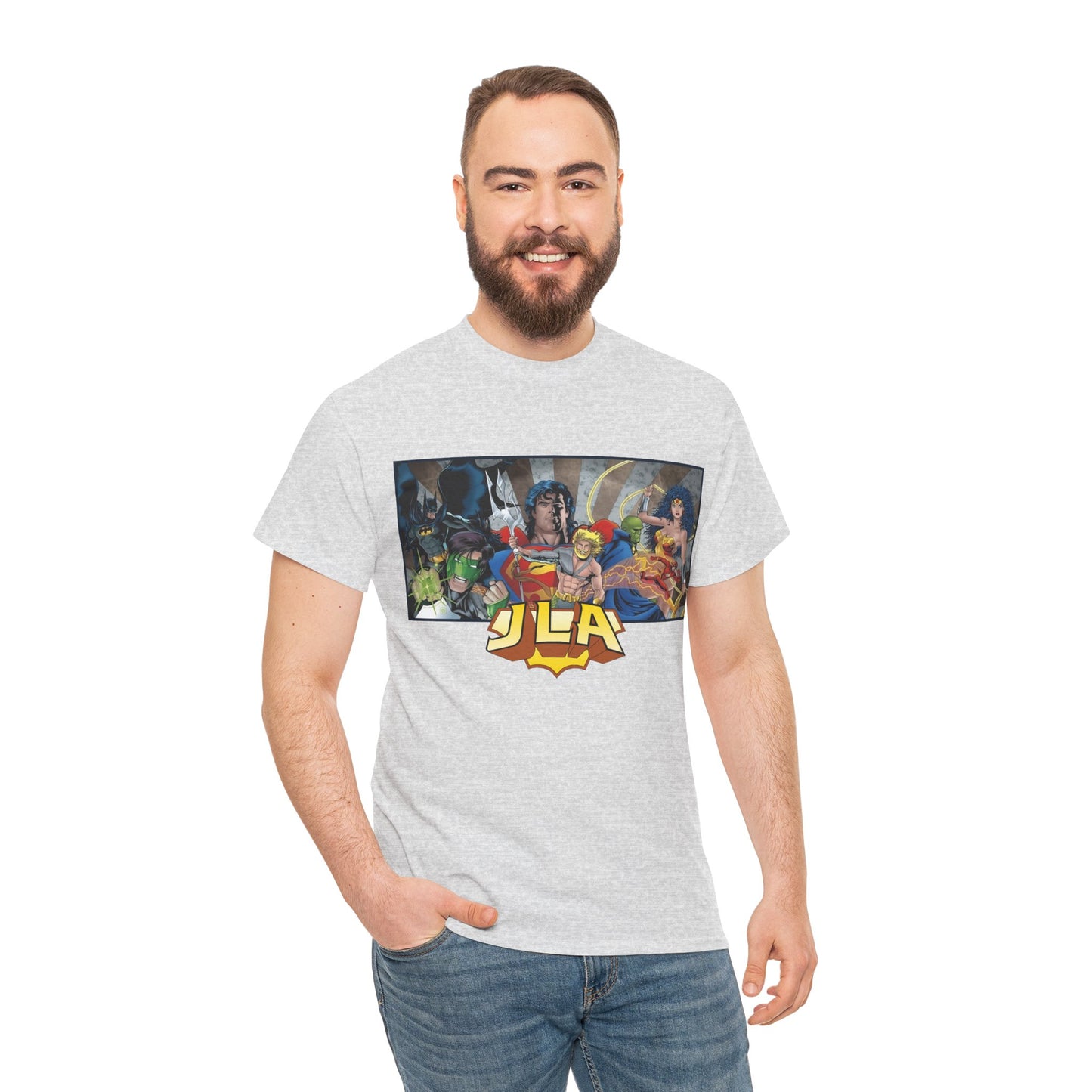 Justice League T-Shirt - Kevin Maguire Art - Superman, Wonder Woman, Batman, Flash, Aquaman, Martian Manhunter, Green Lantern - 90s Lineup - DC Comics