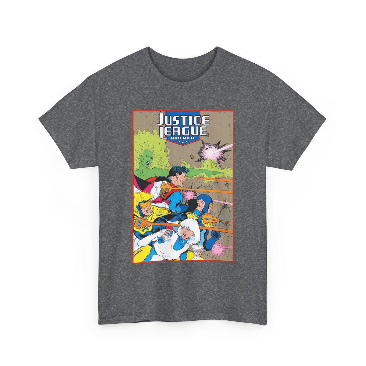 Justice League of America T-Shirt - Dan Jurgens Art - Superman, Fire, Ice, Blue Beetle, Booster Gold, Bloodwynde - DC Comics