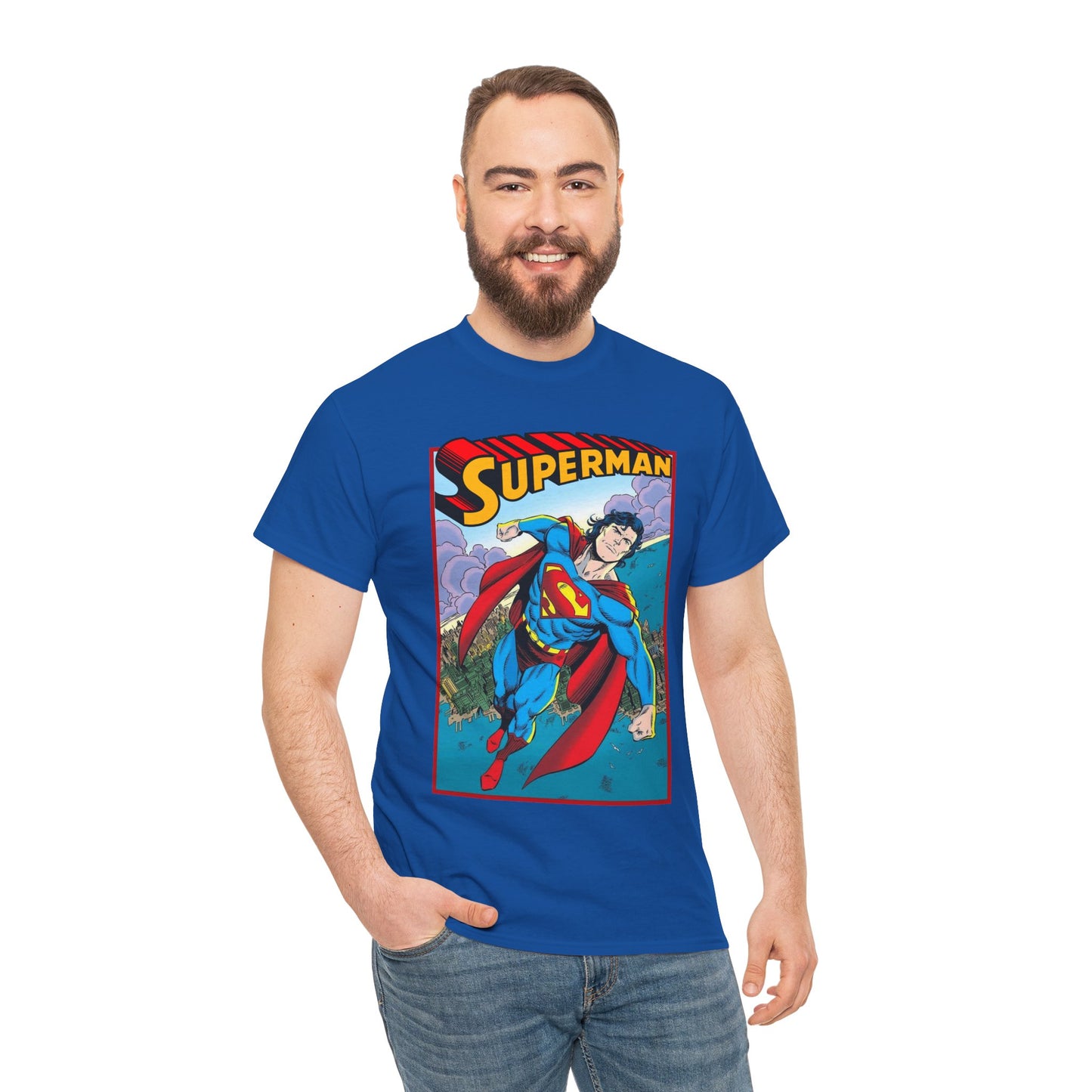 Superman T-Shirt - Tom Grummett Art - DC Comics - Metropolis, Man of Steel Flying Through the Sky - Post-Reign of the Supermen Storyline Artwork