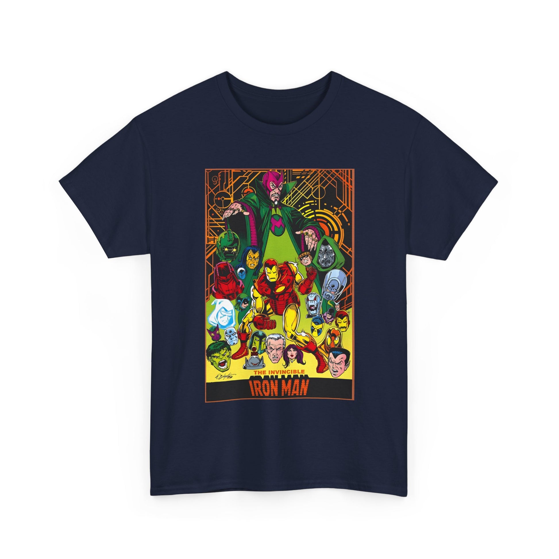 Navy blue t-shirt with Marvel superhero Iron Man graphic on a white background
