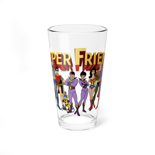 Super Friends Pint Glass, 16oz - Hanna-Barbera Saturday Morning Cartoon - Superman, Batman, Wonder Woman, Aquaman, Robin, Zan, Jayna, Gleek, The Wonder Twins - DC Comics