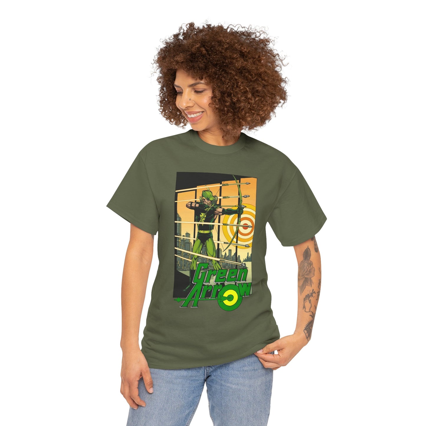 Green Arrow T-Shirt - George Perez Art - 1980s Justice League Postcard Art - JLA - DC Comics