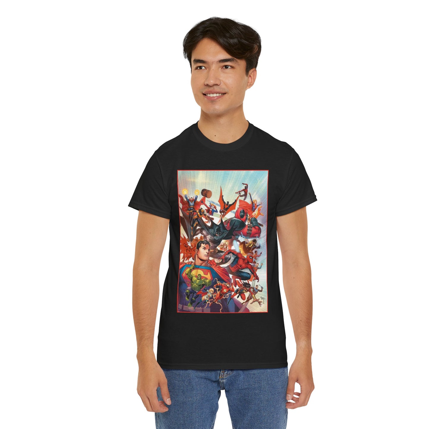 DC/Marvel T-Shirt - The Cosmic Kiss Caper & Other Stories Cover Art - Superman, Deadpool, Spider-Man, Harley Quinn, Batman Beyond, Static, Dr. Strange - DC Comics/Marvel