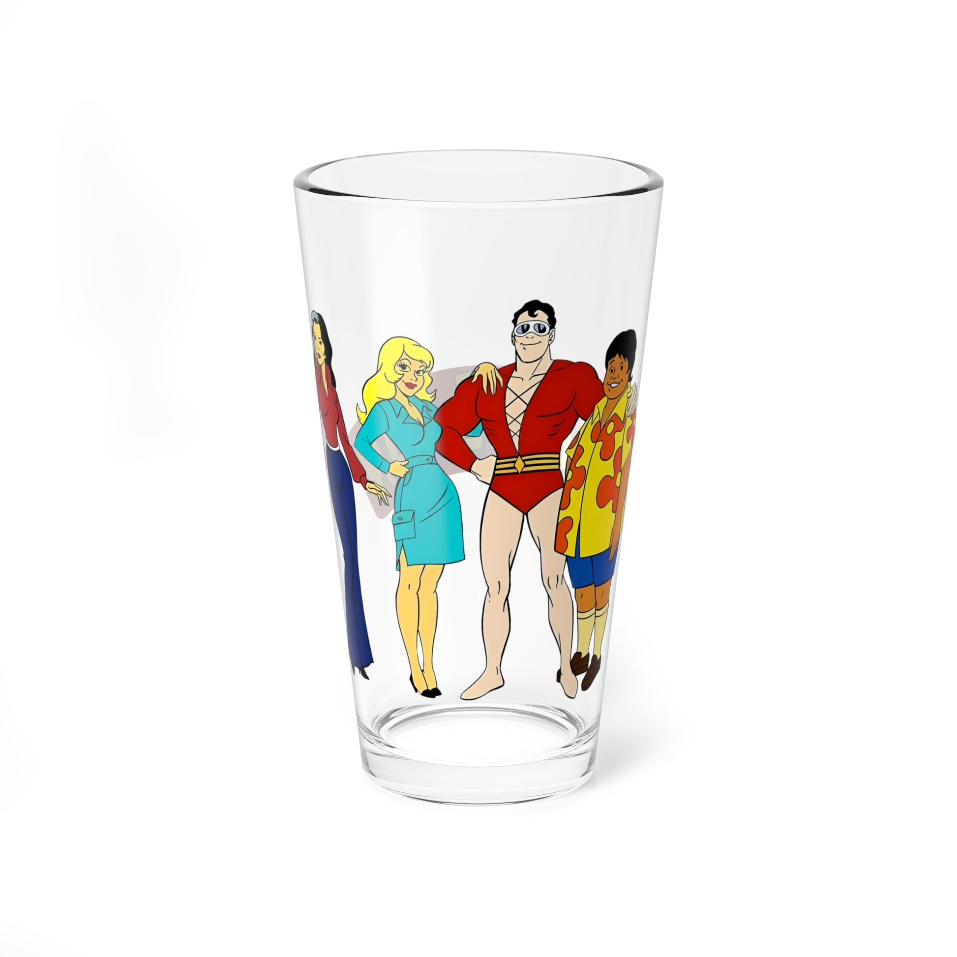 Clear pint glass with Plastic Man cartoon character design on a white background