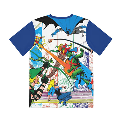 Justice League of America Wrap-Around Polyester Tee (All-Over Print) - George Perez Art - #200 Cover - Superman, Wonder Woman, Green Lantern, Zatanna - DC Comics