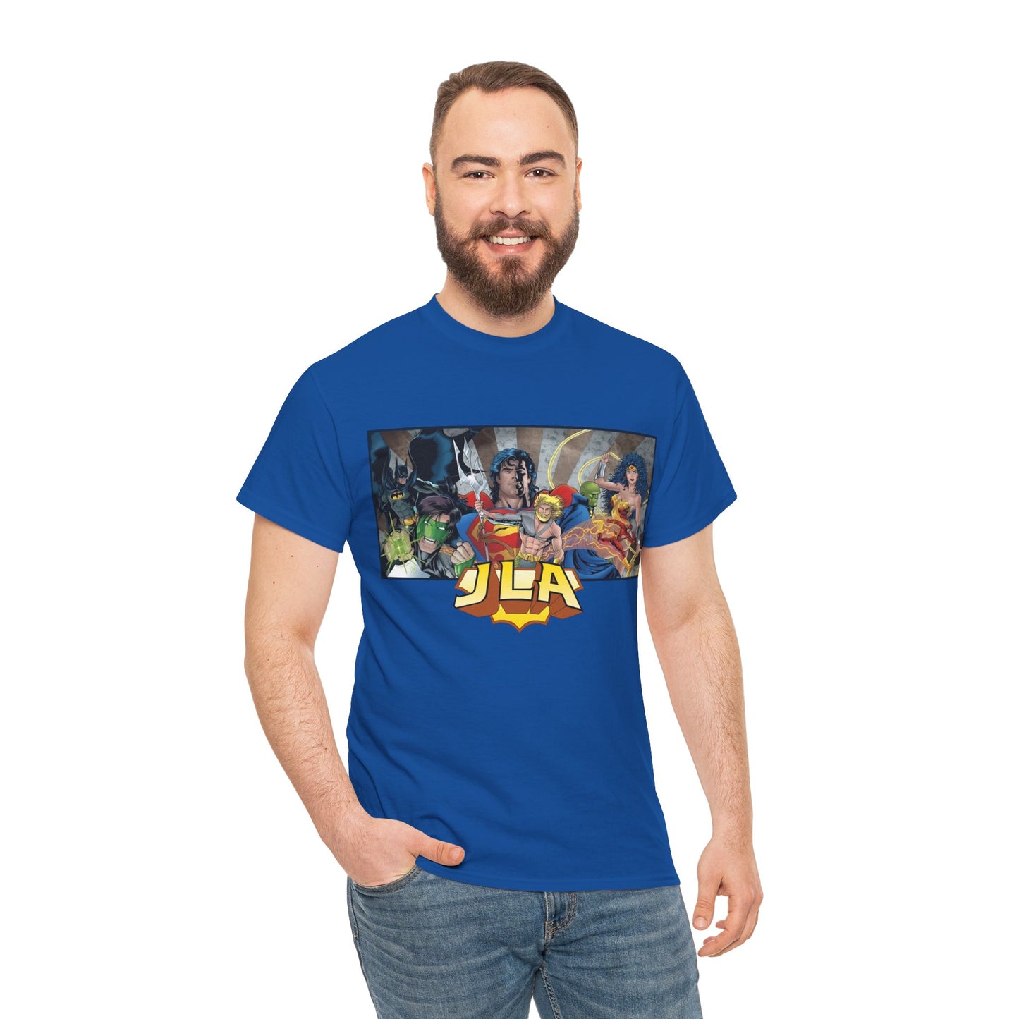 Justice League T-Shirt - Kevin Maguire Art - Superman, Wonder Woman, Batman, Flash, Aquaman, Martian Manhunter, Green Lantern - 90s Lineup - DC Comics