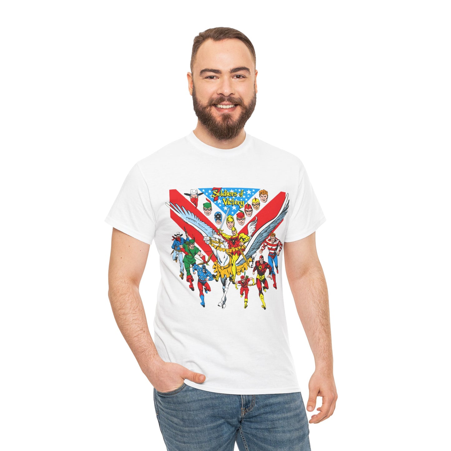 7 Soldiers of Victory T-Shirt - Speedy, Vigilante, Green Arrow, Stripesy, Crimson Avenger, Star-Spangled Kid - Golden Age Heroes of the DC Universe