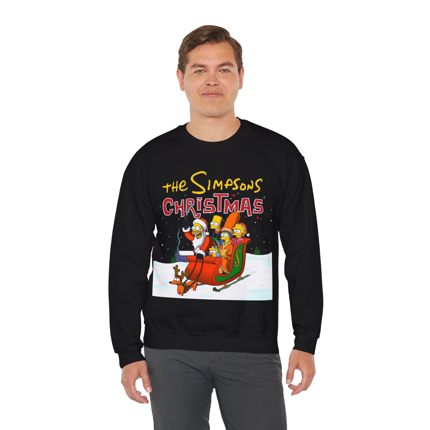 Simpsons Family Christmas Crewneck Sweatshirt - Homer, Marge, Bart, Lisa, Maggie - Riding a Christmas Sleigh Through the Winter Snow