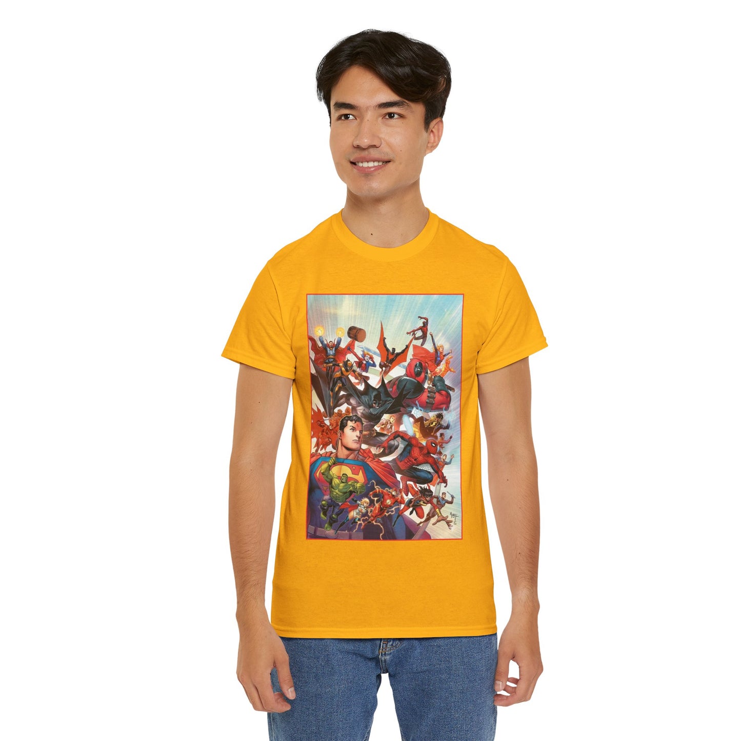 DC/Marvel T-Shirt - The Cosmic Kiss Caper & Other Stories Cover Art - Superman, Deadpool, Spider-Man, Harley Quinn, Batman Beyond, Static, Dr. Strange - DC Comics/Marvel