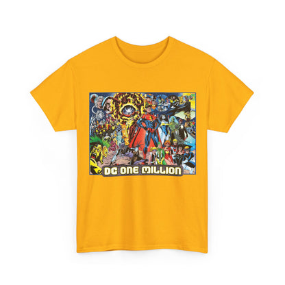 Yellow t-shirt with a colorful graphic of DC superheroes and the text 'DC One Million'