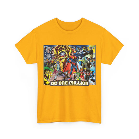Yellow t-shirt with a colorful graphic of DC superheroes and the text 'DC One Million'