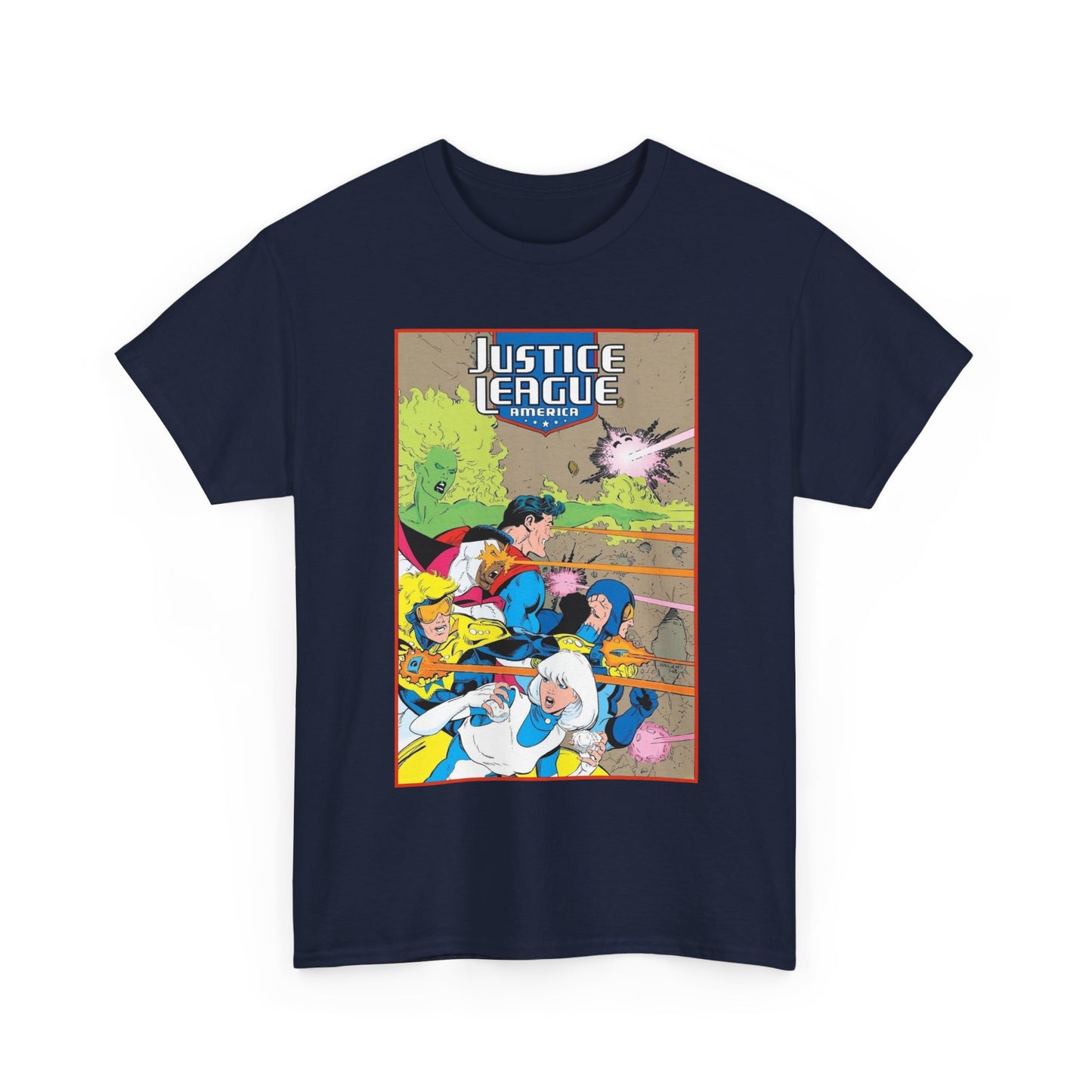 Justice League of America T-Shirt - Dan Jurgens Art - Superman, Fire, Ice, Blue Beetle, Booster Gold, Bloodwynde - DC Comics