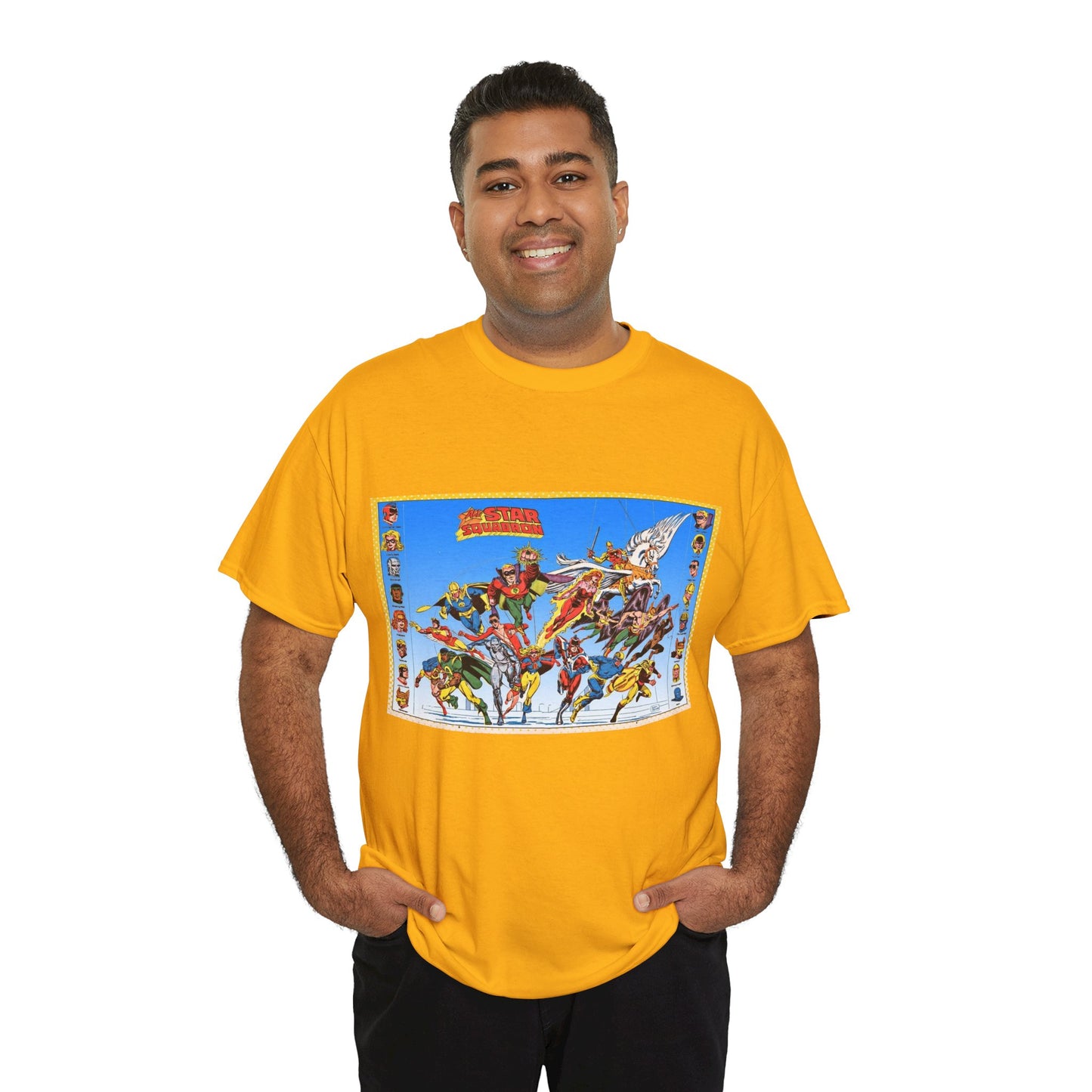 All-Star Squadron T-Shirt - Jerry Ordway Art - JSA Connection - Firebrand, Robotman, Amazing Man, Shining Knight, Tarantula, Dr Fate - Retro 1980s Series - DC Comics