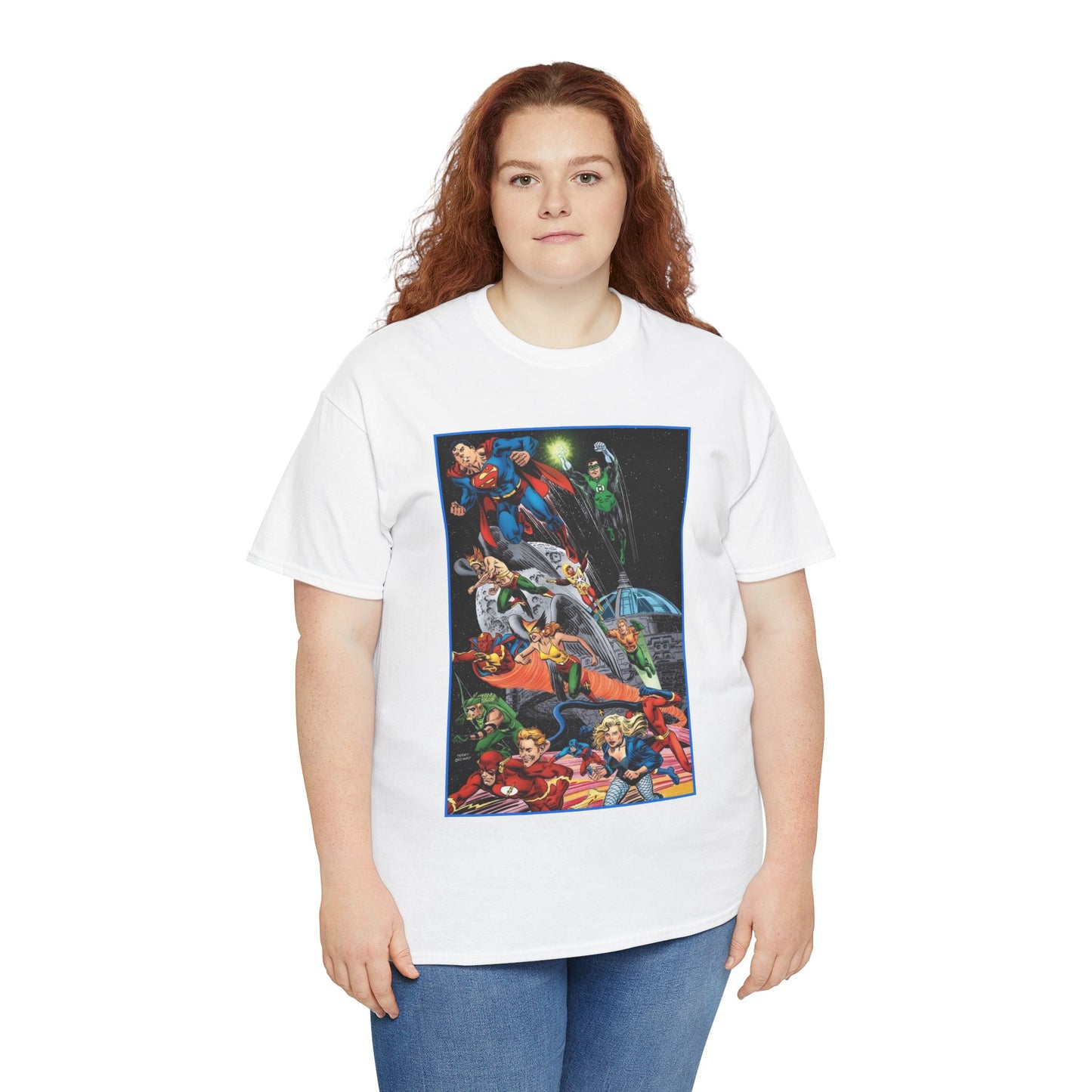 Justice League of America T-Shirt - Jerry Ordway Art - Superman, Wonder Woman, Firestorm, Flash, Black Canary, Atom - DC Comics