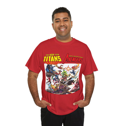 New Teen Titans Vs Avengers T-Shirt - George Perez Art - Hawkeye, Wonder Man, Raven, Starfire, Cyborg, Scarlet Witch, Wonder Girl - DC Comics & Marvel Comics