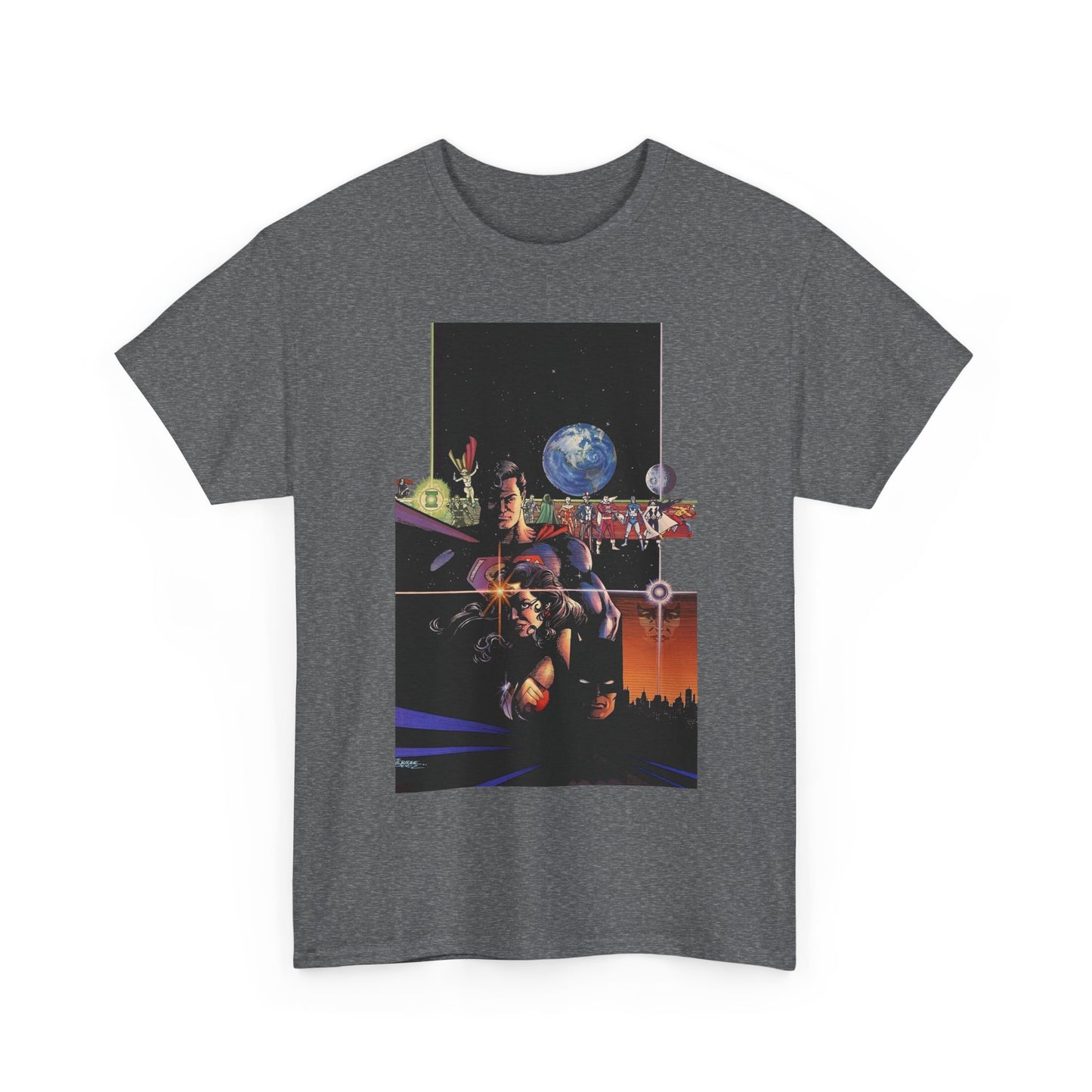Crisis on Infinite Earths T-Shirt - George Perez Art - Superman, Batman, Wonder Woman, Captain Marvel, Blue Beetle, Kid Flash - Retro 1980s - DC Comics