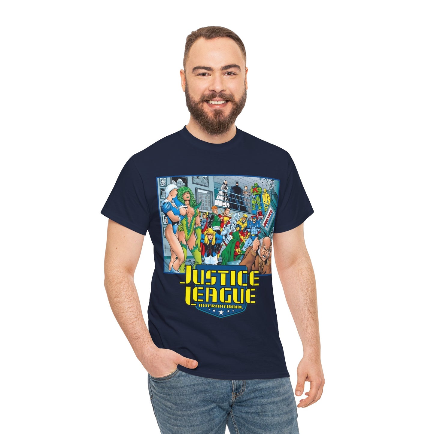 Justice League International T-Shirt - Kevin Maguire Art - Blue Beetle, Booster Gold, Martian Manhunter, Captain Atom, Batman, Fire, Ice - DC Comics - JLI
