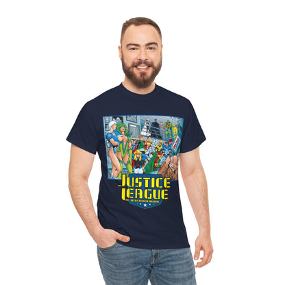 Justice League International T-Shirt - Kevin Maguire Art - Blue Beetle, Booster Gold, Martian Manhunter, Captain Atom, Batman, Fire, Ice - DC Comics - JLI