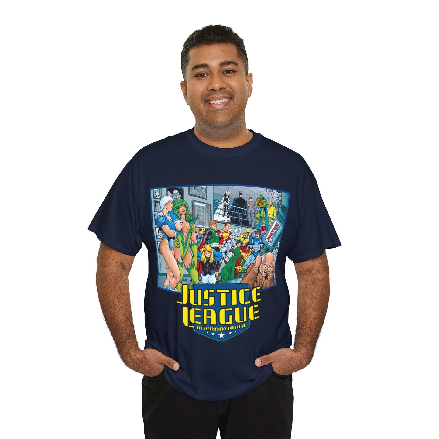 Justice League International T-Shirt - Kevin Maguire Art - Blue Beetle, Booster Gold, Martian Manhunter, Captain Atom, Batman, Fire, Ice - DC Comics - JLI