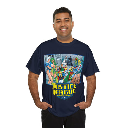 Justice League International T-Shirt - Kevin Maguire Art - Blue Beetle, Booster Gold, Martian Manhunter, Captain Atom, Batman, Fire, Ice - DC Comics - JLI