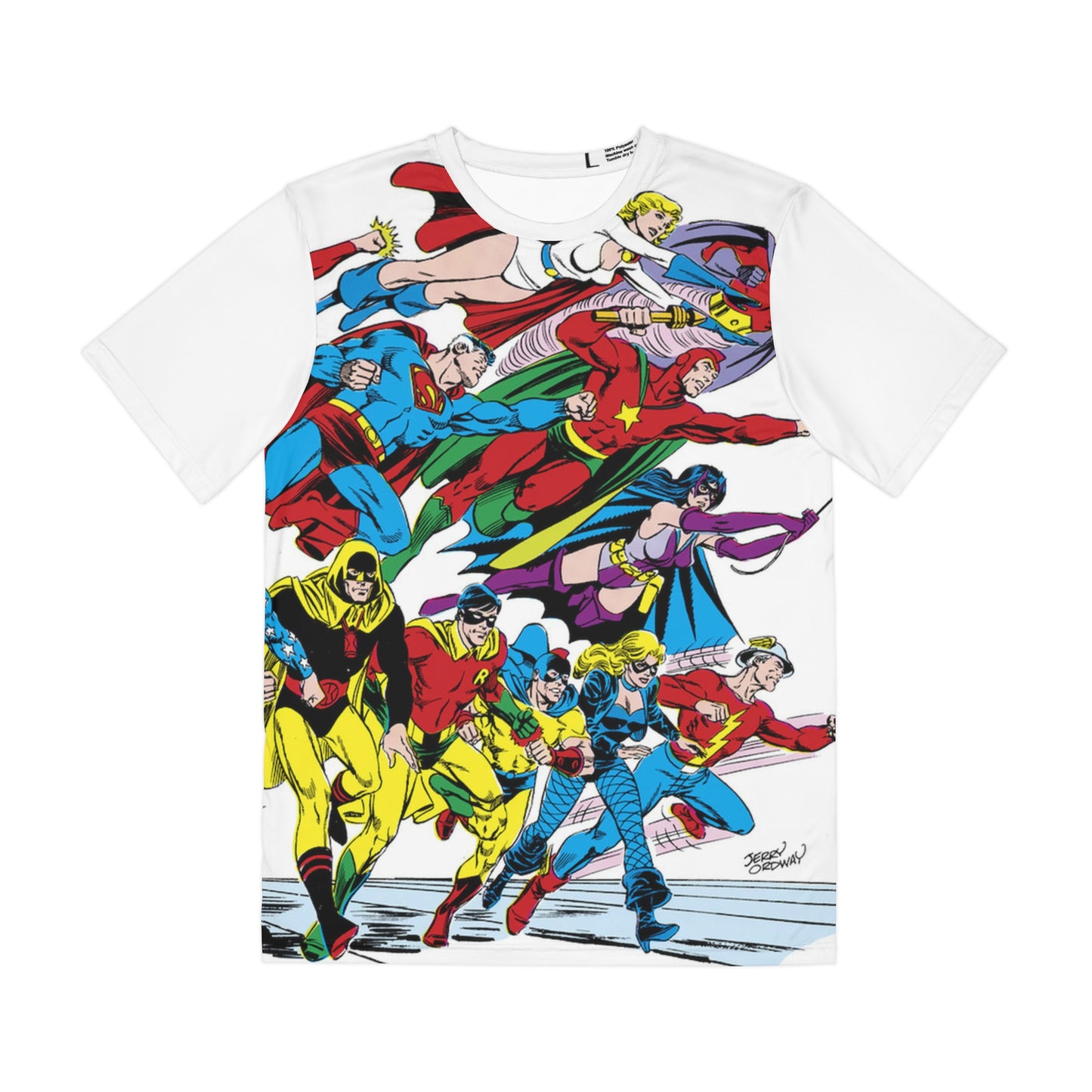Justice Society of America All Over Print Tee (Polyester) - Jerry Ordway Art - Huntress, Power Girl, Starman, Superman - DC Comics