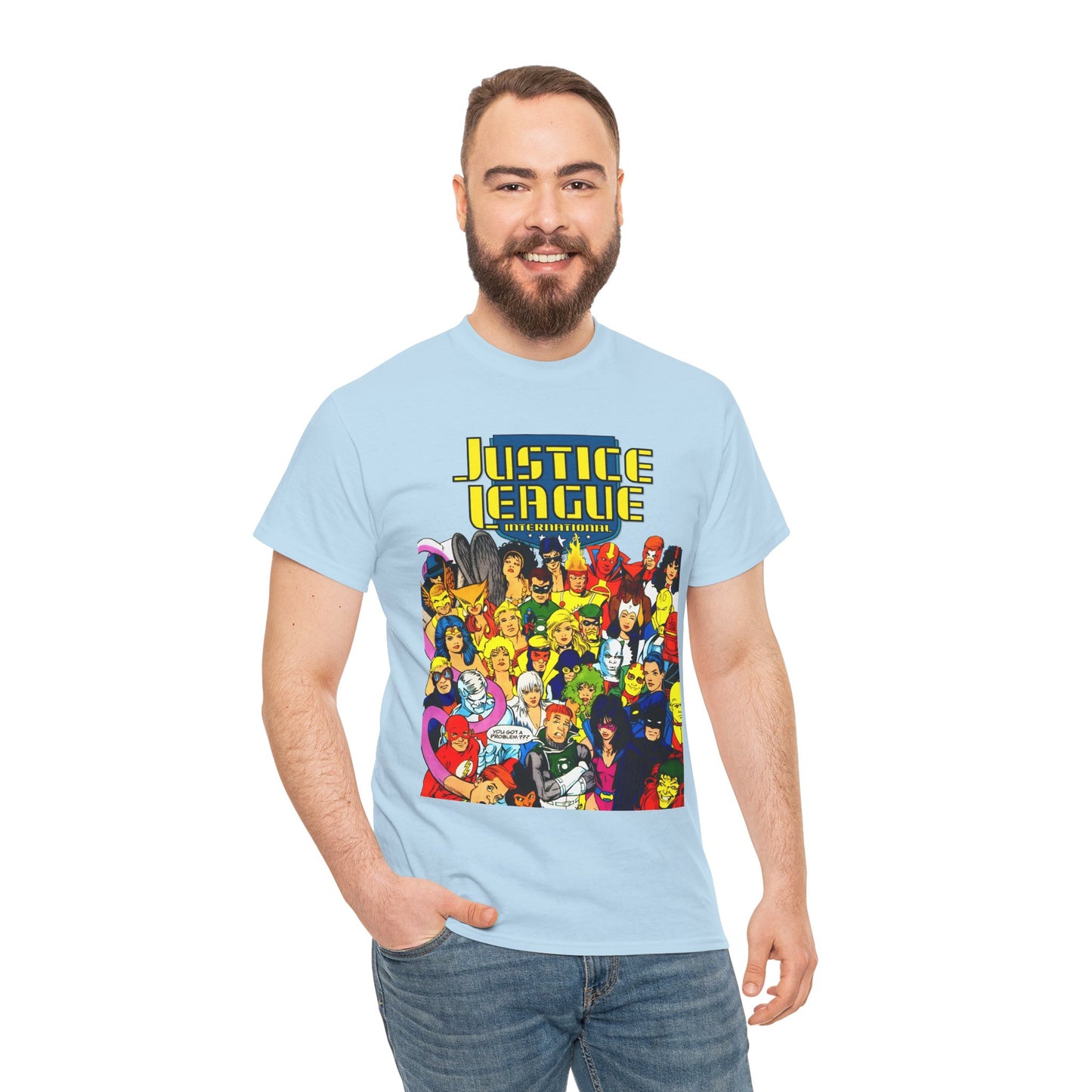 Justice League International T-Shirt - Kevin Maguire DC Comics Sourcebook Art - Booster Gold, Blue Beetle, Batman, Martian Manhunter, Captain Atom, Fire, Ice, Guy Gardner
