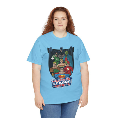 Justice League of America T-Shirt - George Perez Art - Superman, Wonder Woman, Batman, Aquaman, Martian Manhunter, Flash, Green Lantern - DC Comics