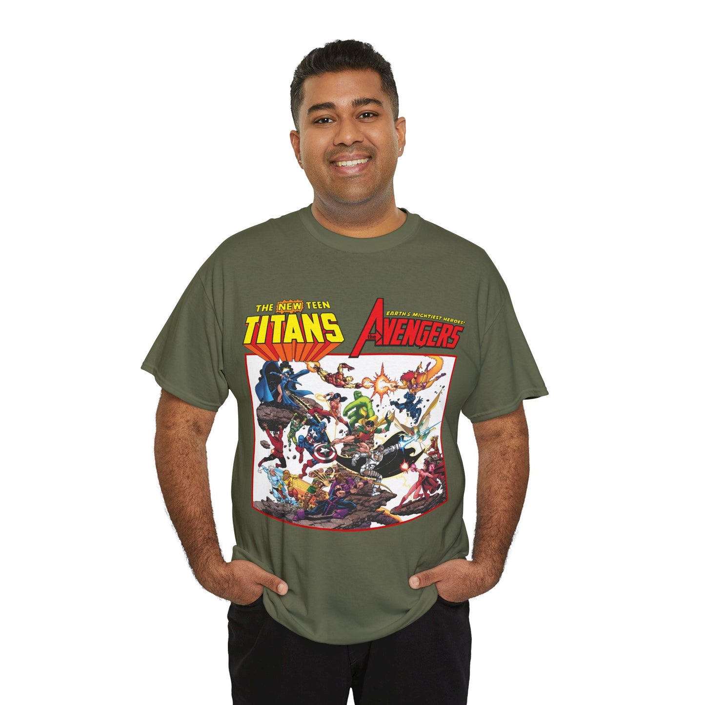 New Teen Titans Vs Avengers T-Shirt - George Perez Art - Hawkeye, Wonder Man, Raven, Starfire, Cyborg, Scarlet Witch, Wonder Girl - DC Comics & Marvel Comics