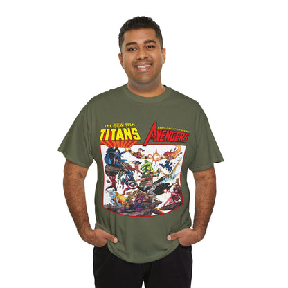 New Teen Titans Vs Avengers T-Shirt - George Perez Art - Hawkeye, Wonder Man, Raven, Starfire, Cyborg, Scarlet Witch, Wonder Girl - DC Comics & Marvel Comics