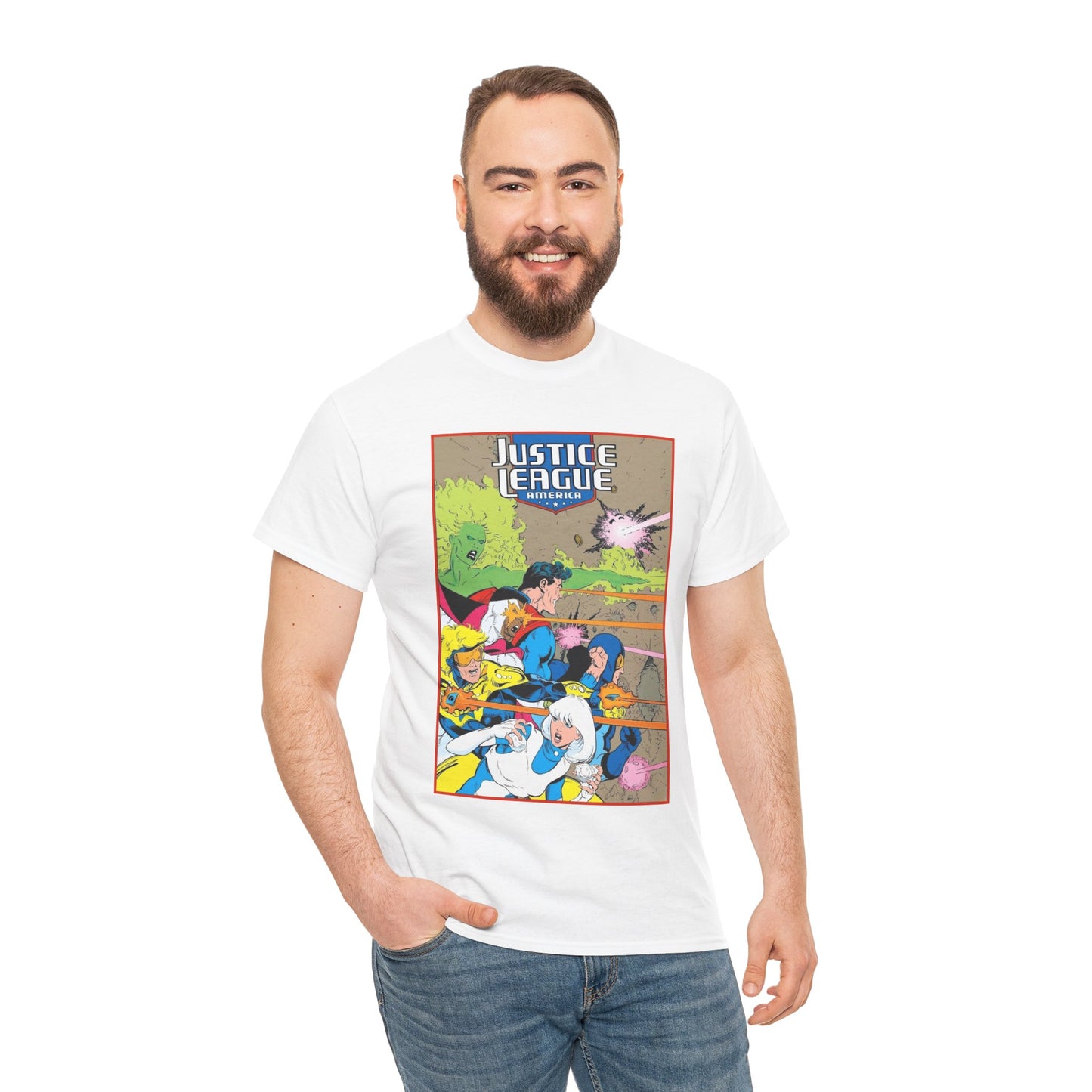 Justice League of America T-Shirt - Dan Jurgens Art - Superman, Fire, Ice, Blue Beetle, Booster Gold, Bloodwynde - DC Comics