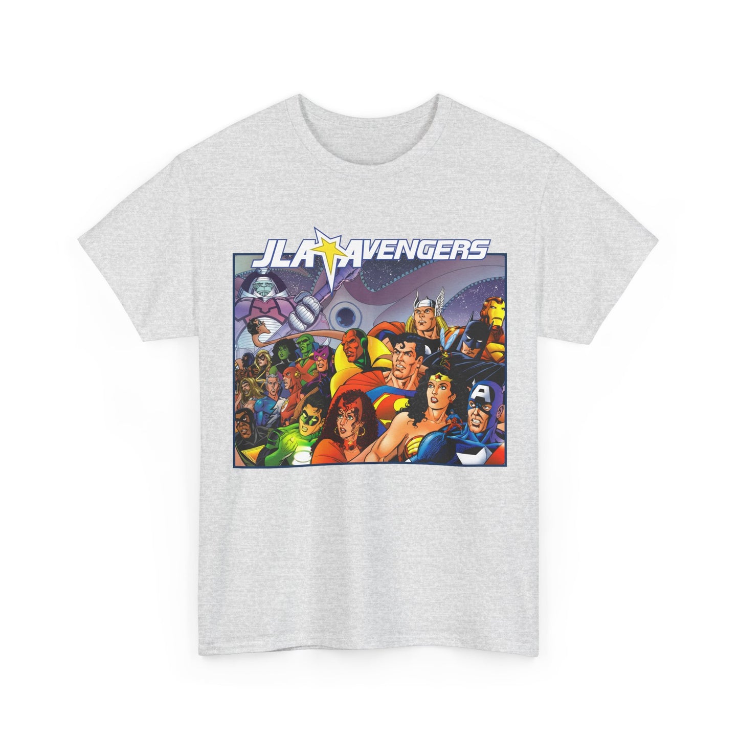 JLA/Avengers T-Shirt - George Perez Art - Wonder Woman, Scarlet Witch, Batman, Thor, Iron Man, Superman - DC Comics, Marvel Comics