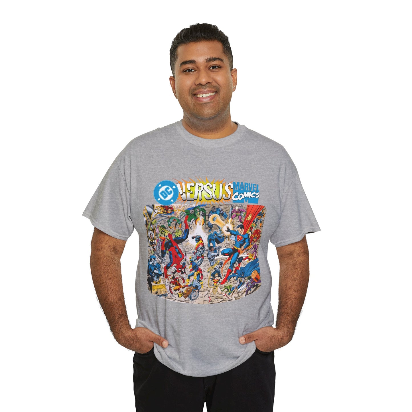 DC Comics Vs Marvel T-Shirt - John Byrne Art - Spider-Man, Raven, Cyborg, Wolverine, Joker, Superman, Batman, Deathstroke, Darkseid
