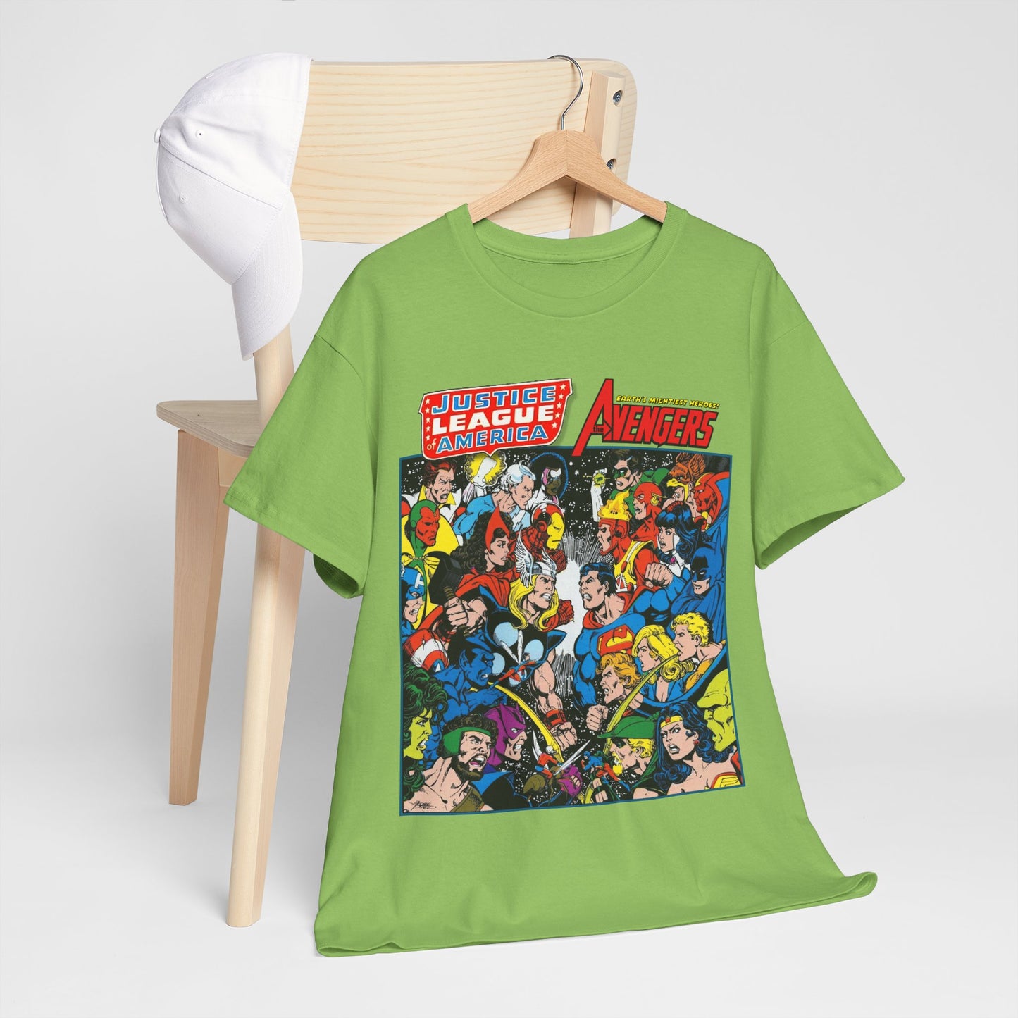 Justice League/Avengers T-Shirt - DC & Marvel Comics Art - George Perez - JLA - Batman, Captain America, Iron Man, Green Lantern