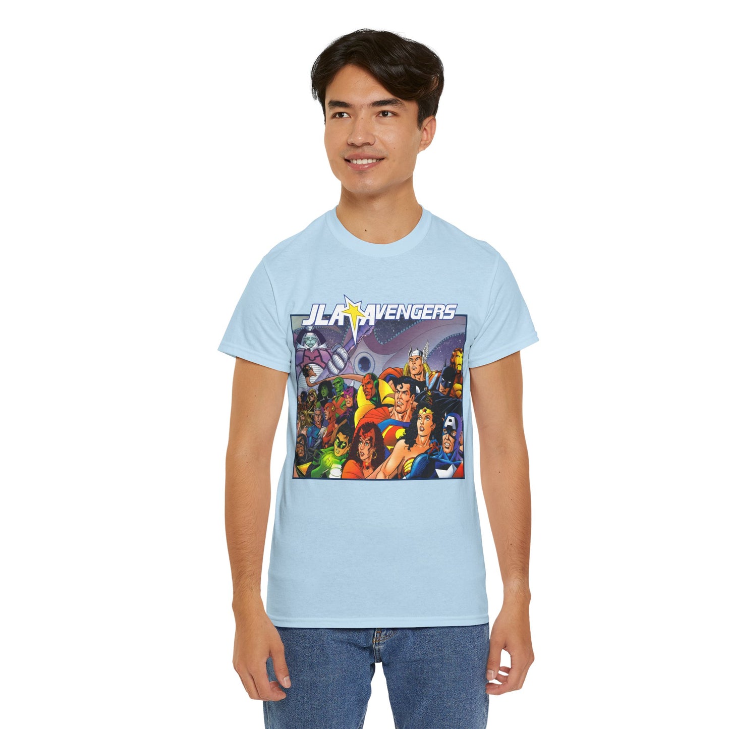 JLA/Avengers T-Shirt - George Perez Art - Wonder Woman, Scarlet Witch, Batman, Thor, Iron Man, Superman - DC Comics, Marvel Comics