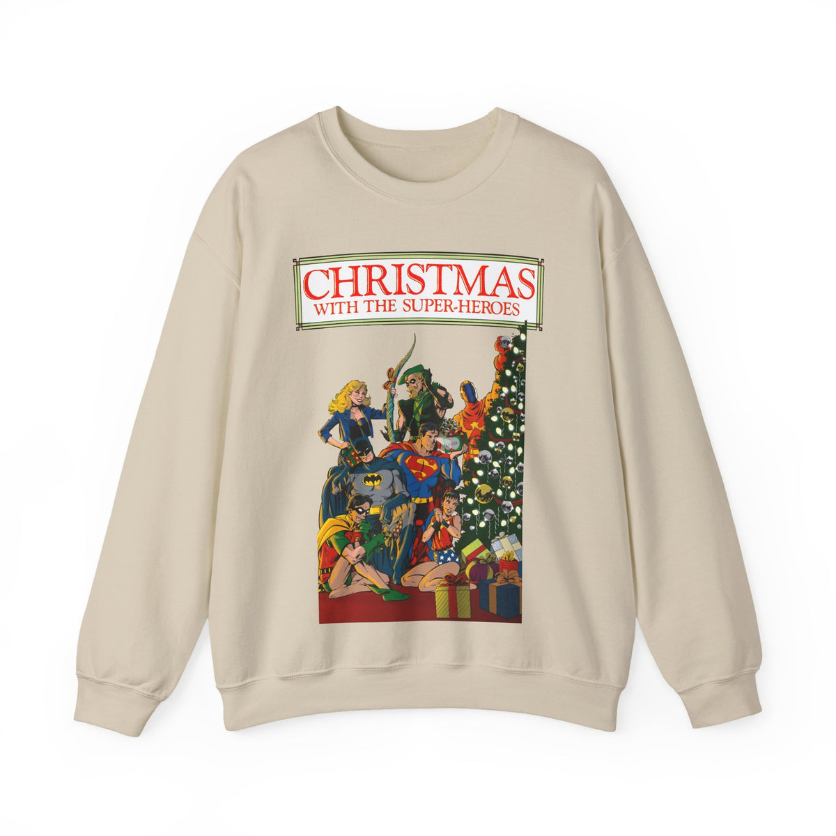 Christmas With the DC Super-Heroes Heavy Blend Crewneck Sweatshirt - Superman, Batman, Green Arrow, Black Canary - Festive Holiday Shirt