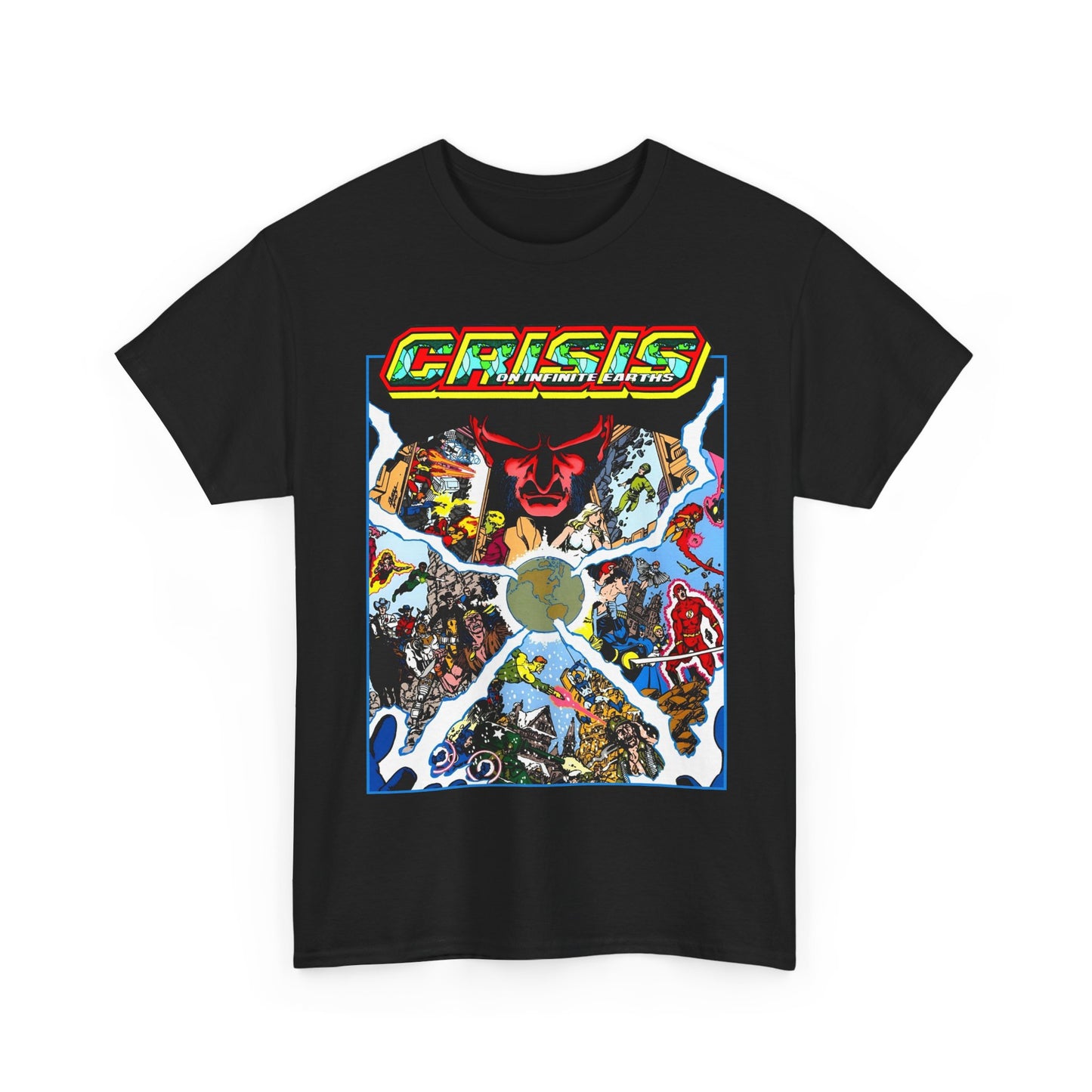 Crisis on Infinite Earths T-Shirt - George Perez Art - #3 Cover - Monitor, Flash, Starfire, Brainiac 5, Dream Girl - DC Comics