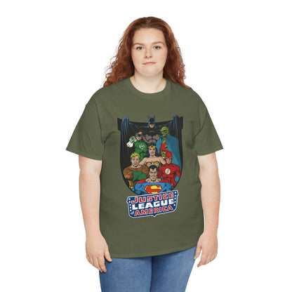 Justice League of America T-Shirt - George Perez Art - Superman, Wonder Woman, Batman, Aquaman, Martian Manhunter, Flash, Green Lantern - DC Comics