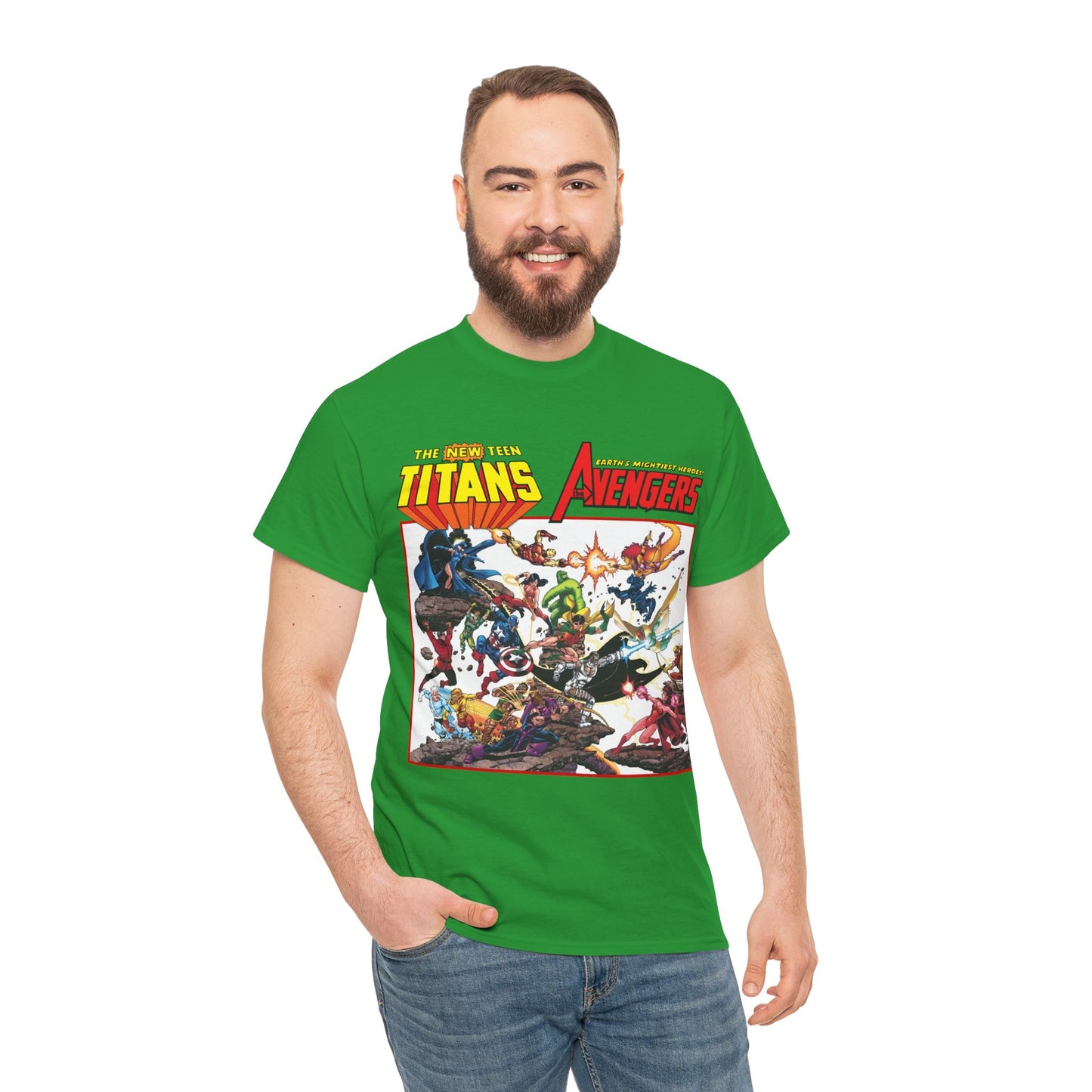 New Teen Titans Vs Avengers T-Shirt - George Perez Art - Hawkeye, Wonder Man, Raven, Starfire, Cyborg, Scarlet Witch, Wonder Girl - DC Comics & Marvel Comics