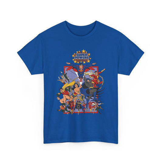 Super Powers T-Shirt - Superman, Flash, Wonder Woman, Batman, Batgirl, Robin, Plastic Man, Aquaman, Hawkman, Supergirl - 1980s Kenner Toy Line - Retro DC Comics