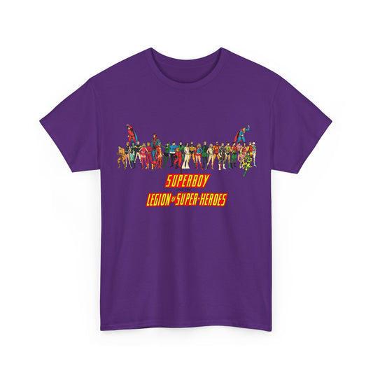 Superboy & Legion of Super-Heroes T-Shirt - 1970s DC Comics Art - Saturn Girl, Lightning Lad, Brainiac 5, Supergirl, Dawnstar, Mon-El, Bouncing Boy, Wildfire - LOSH