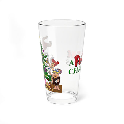 A Flintstones Christmas Pint Glass, 16oz - Fred, Wilma, Pebbles Flintstone & Barney, Betty, Bamm Bamm Rubble & Dino - Hanna-Barbera Holiday Cartoon