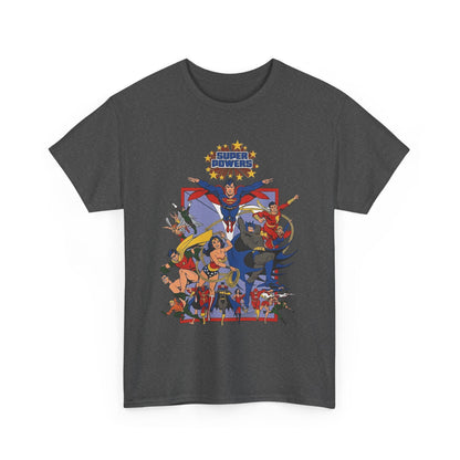 Super Powers T-Shirt - Superman, Flash, Wonder Woman, Batman, Batgirl, Robin, Plastic Man, Aquaman, Hawkman, Supergirl - 1980s Kenner Toy Line - Retro DC Comics