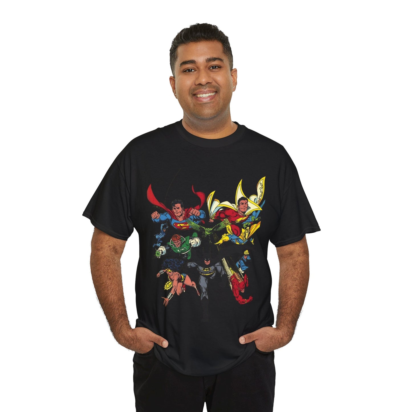 DC Legends T-Shirt - John Byrne Art - Superman, Wonder Woman, Guy Gardner, Flash, Blue Beetle, Shazam, Dr Fate, Changeling - DC Comics